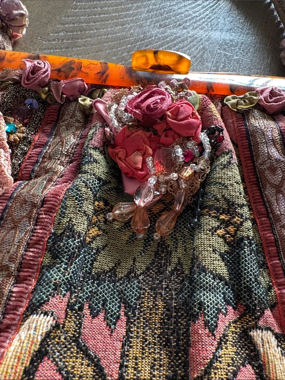 Boho Floral Tapestry Handbag with Pink Accents